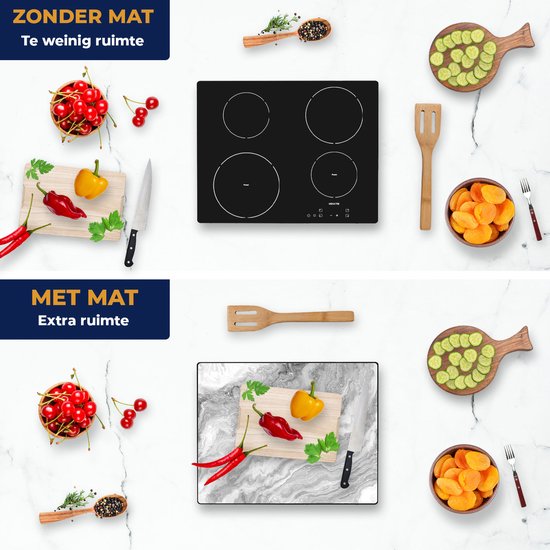 Chefcare Inductie Beschermer Witte Marmer - Abstracte Kunst - Zwart Wit - 65x52 cm - Afdekplaat Inductie - Kookplaat Beschermer - Inductie Mat