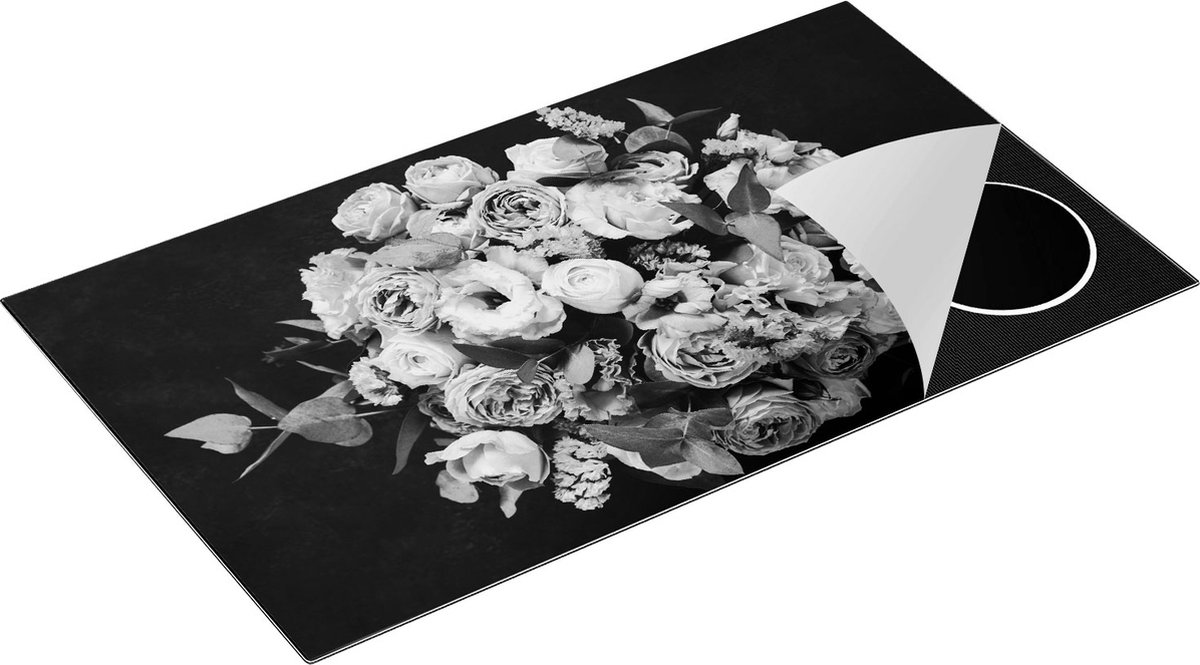 Chefcare Inductie Beschermer Boeket met Verschillende Bloemen - Zwart Wit - 90x50 cm - Afdekplaat Inductie - Kookplaat Beschermer - Inductie Mat