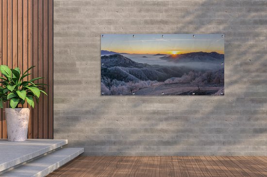Tableau jardin d'hiver - Montagnes - Affiche jardin - Toile jardin - Hiver - Soleil - Soir - Décoration de jardin - 200x100 cm