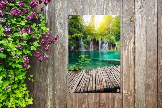 Affiche de jardin - Cascade - Water - Bois - Nature - Pont - Lac - Soleil - 40x60 cm - Toile de jardin - Toile de clôture