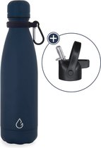 Wattamula Luxe design eco RVS drinkfles - donkerblauw - extra dop met rietje en carrier - 500 ml - waterfles - thermosfles - sport