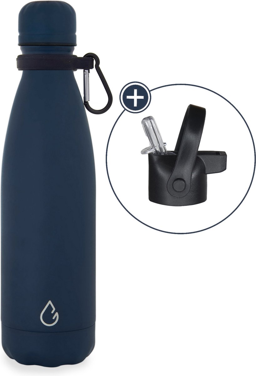 Wattamula Luxe design eco RVS drinkfles - donkerblauw - extra dop met rietje en carrier - 500 ml - waterfles - thermosfles - sport
