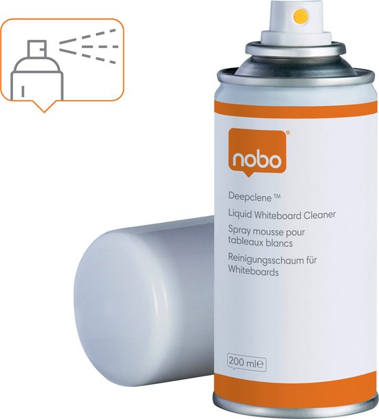 Nobo Deepclene reiniger voor whiteboards in een 200 ml spuitbus, met dop eraast en pictogram.