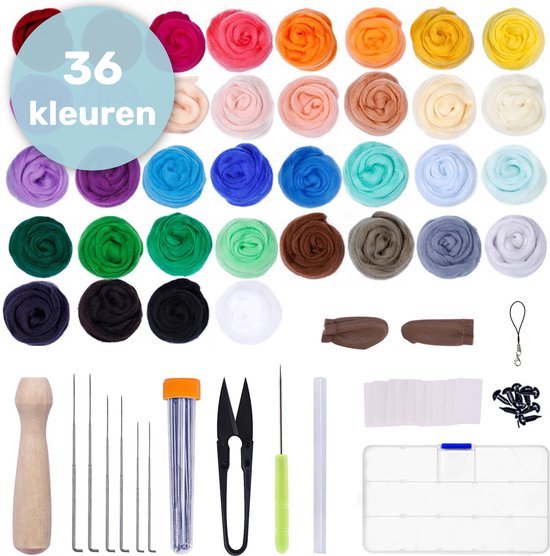 Naaldvilten - 36 kleuren wol - Needle felting - Pakket - Viltnaalden - Borduurpakketten volwassenen