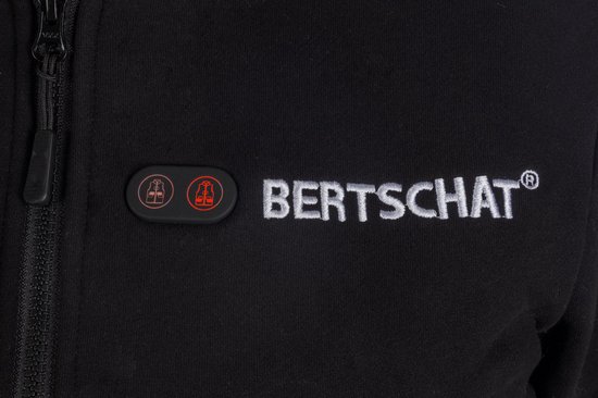 Detail van zwarte hoodie met rits, "BERTSCHAT" logo en twee verwarmingsknoppen.