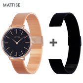 MATTISE Rosé Goud RVS Horloge met Rosé Goud en Zwart Staal Gewoven Horlogebandjes - 38mm Ø Quartz Uurwerk - Horloges voor Vrouwen Dames