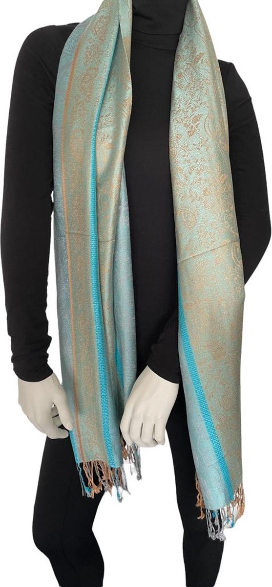 Sjaal dames- Pashmina Sjaal- Fashion Sjawl Pareo Omslagdoek- Fijn geweven Sjaal 207/7- Beige, Blauw, Bruin Turquoise