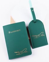 Premium Lederen Paspoorthoes met Bagagelabel - Paspoorthouder - Paspoort Protector with Luggage Tag - Groen