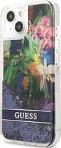 Guess Flower Liquid Glitter Back Case - Geschikt voor Apple iPhone 13 Mini (5.4") - Blauw