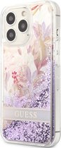 Guess Flower Liquid Glitter Back Case - Geschikt voor Apple iPhone 13 Pro (6.1") - Paars