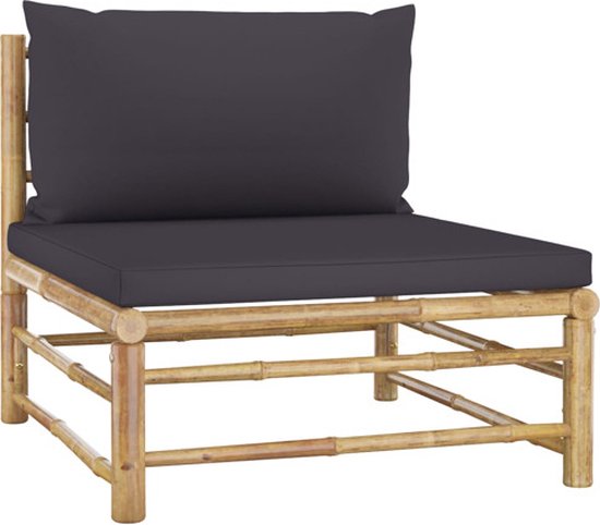 Eenpersoons bank met donkergrijze kussens, bamboe frame, 65cm breed, 60cm hoog.