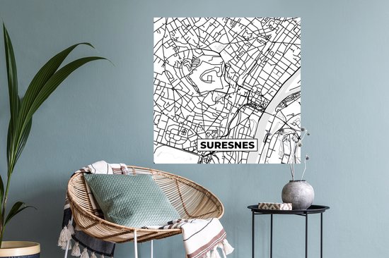 Stickers muraux - France - Carte - Plan de ville - Suresnes - Carte - Zwart et blanc - 80x80 cm - Feuille adhésive