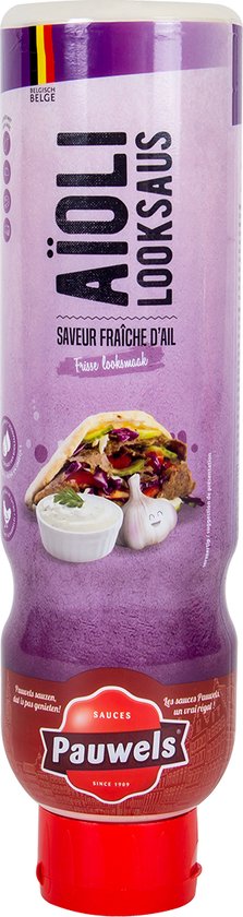 Pauwels Aïoli Looksaus fles met Belgische vlag en afbeelding van een kapsalon. Paars met rode dop.