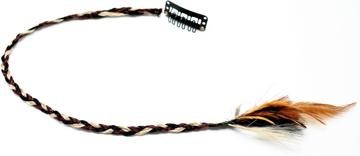 Haar Vlechtje met veer zwart beige bruin 35 cm - Haar Clip - Ibiza - Haar Extension - Haarspeld - Haarsieraad - Haaraccessoires - Feest - Kerstmis - Verjaardag - Meisje - Verjaardag - Sinterklaas - Schoen cadeau - Haarversiering - Carnaval - Trendy