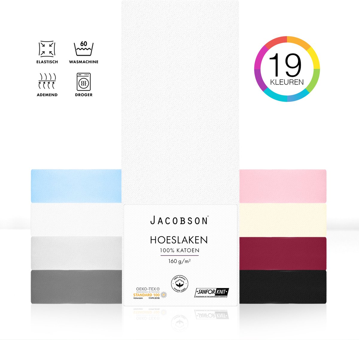 Jacobson PREMIUM - Jersey Hoeslaken - 160x200cm - 100% Katoen - tot 23cm matrasdikte - Wit