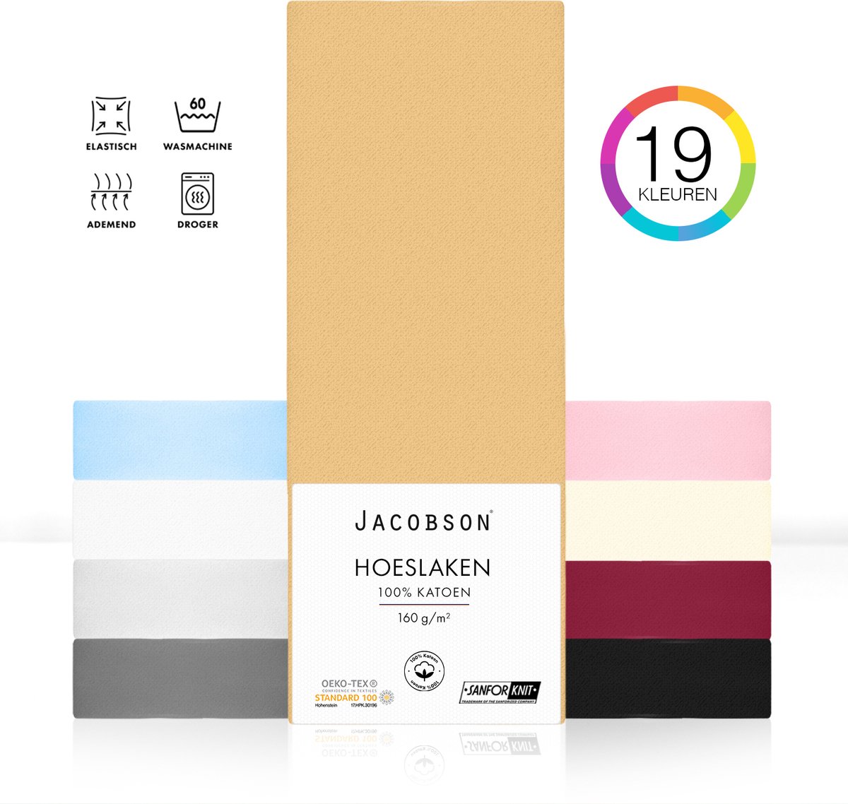 Jacobson PREMIUM - Jersey Hoeslaken - 180x200cm - 100% Katoen - tot 25cm matrasdikte - Beige