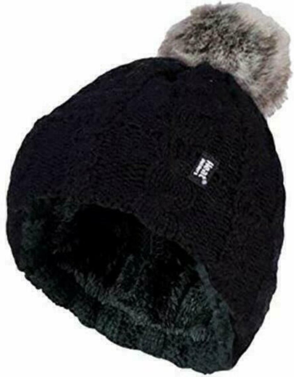Ladies Turnover Cable Hat With Pom Pom Black - 1St