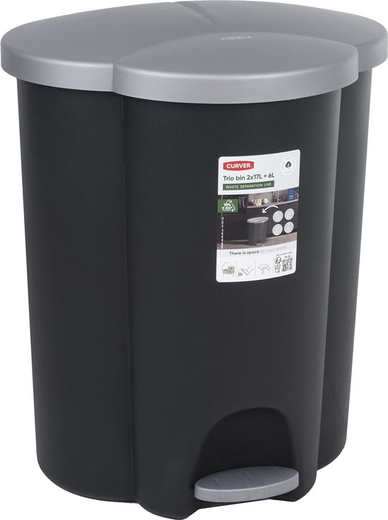 CURVER - Afvalbak 40L | Pedaalemmer | Afvalsortering 3 compartimenten - Afvalscheidingssysteem 3-compartimenten - Kunststof