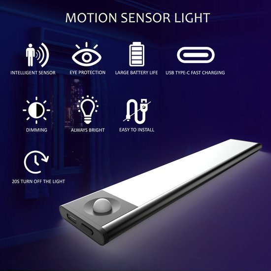 Kastverlichting - 60cm -Hoge Kwaliteit -Wit Licht - Bewegingssensor - Heel Krachtig - LED kastverlicht -Verstelbaar - Met oplaadkabel -USB-C -Keuken, Badkamer, Slaapkamer,