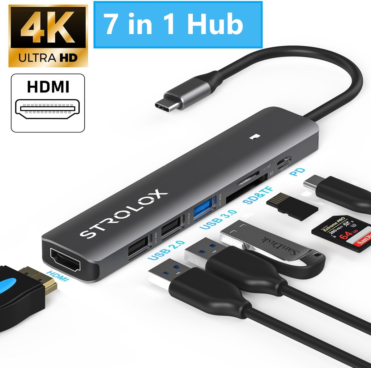 Strolox® 7 in 1 USB C hub USB Splitter 3.0 4K HDMI USB C Oplader
