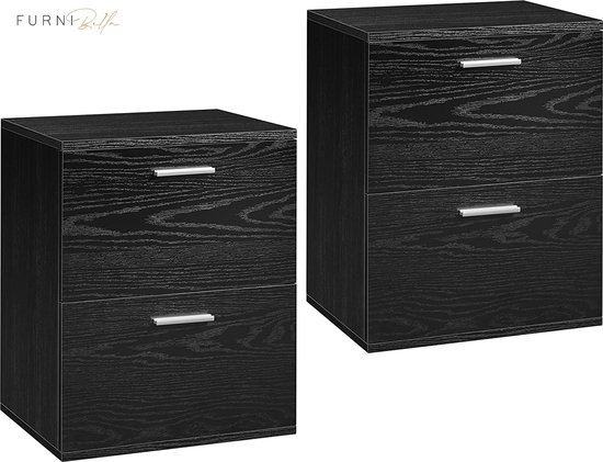FURNIBELLA - Nachtkastjes, 2 stuks, nachtkastje, bijzetkast met elk 2 laden, bijzettafel, hout, ruime opslag, 40 x 35 x 55 cm, zwart