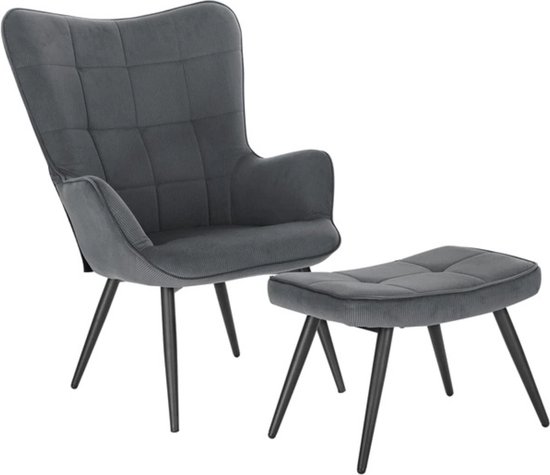 Fauteuil - Stoel - Luxe Stoel - Met Voetenbank - Stof - Lounge Stoel - Donker Grijs