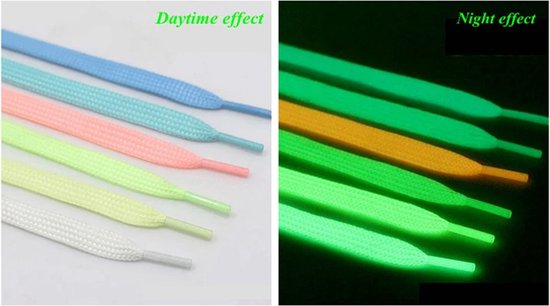 Roze, blauwe, gele en groene veters overdag en 's nachts lichtgevend