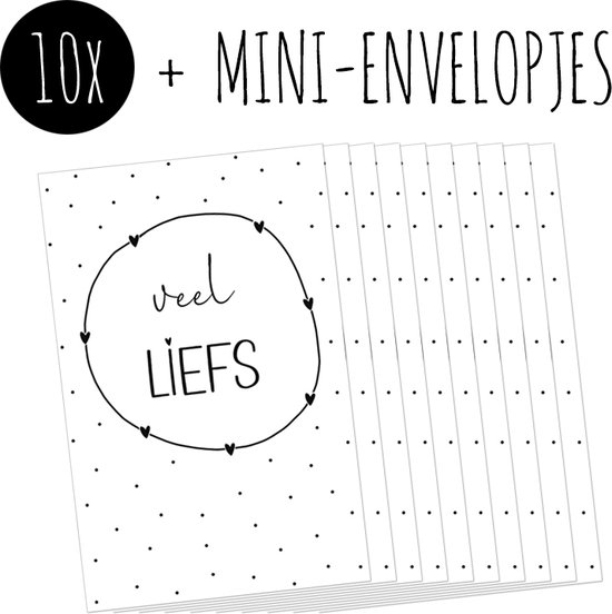 10x Minikaartjes + Mini-envelopjes | VEEL LIEFS | kleine kaartjes met kraft enveloppen