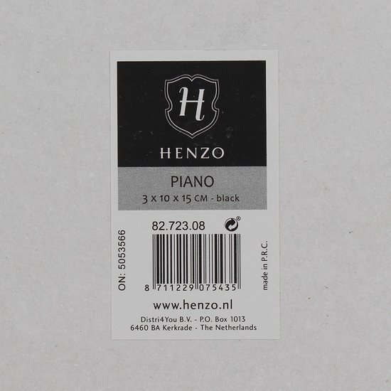 Achterkant van een zwarte Henzo Piano fotolijst (10x15 cm) met productinformatie.