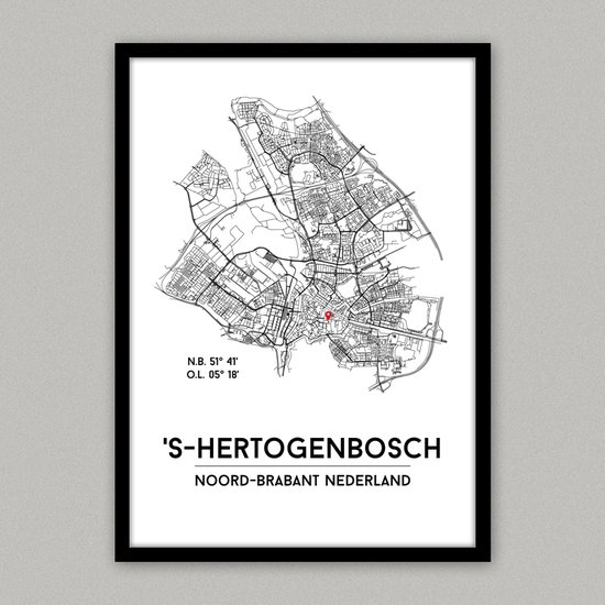 Den Bosch city poster, A4 zonder lijst, plattegrond poster, woonplaatsposter, woonposter