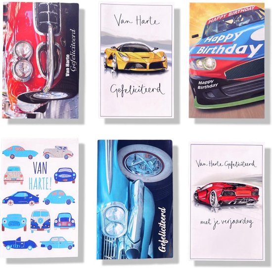 6 Cards & Crafts Auto Verjaardag Wenskaarten | 12x17cm gevouwen felicitatie kaarten Inclusief enveloppen