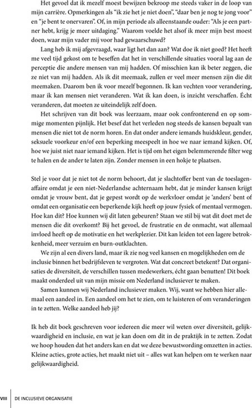 Tekstpagina over persoonlijke ervaringen met verandering en het belang van diversiteit en inclusie, met paginanummer VIII.