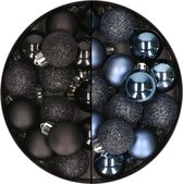 28x stuks kleine kunststof kerstballen zwart en nachtblauw 3 cm - kerstversiering
