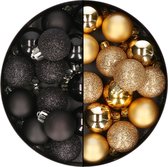 28x stuks kleine kunststof kerstballen zwart en goud 3 cm - kerstversiering