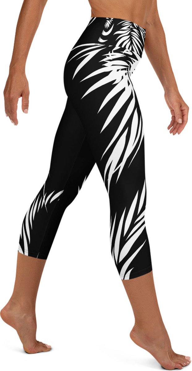 Sportlegging - Capri 3/4 - design Tiger Power Up - High Waist - Dry Fit - High Performance - 4way stretch - unieke print - UPF 50+ - Hardloop - Yoga - Fitness - Dans - Pilates - Training - sportbroek - zwart wit - maat XS — afbeelding 4