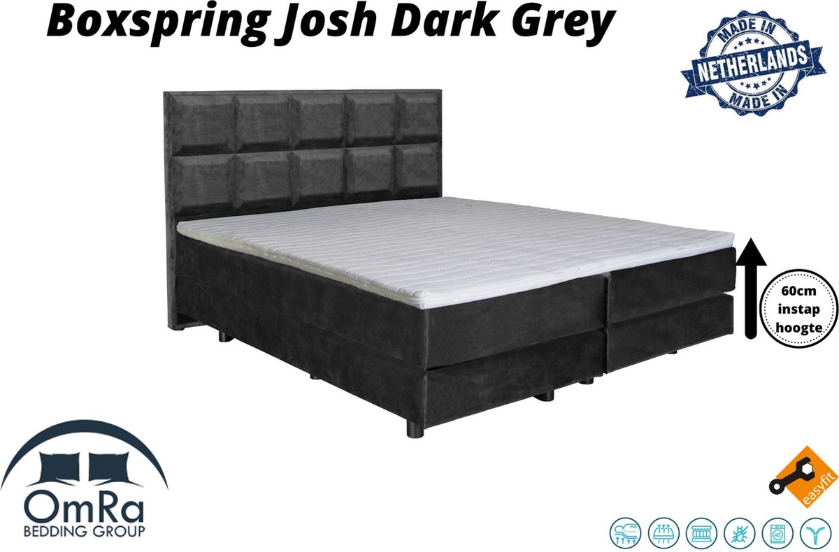 Omra Bedding - Complete boxspring - Josh Dark Grey - 100x200 cm - Inclusief Topdekmatras - Hotel boxspring