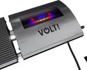 Close-up van de zilverkleurige behuizing van een VOLT! terrasverwarmer met digitaal display.