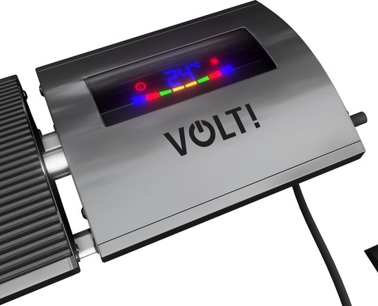 Close-up van de zilverkleurige behuizing van een VOLT! terrasverwarmer met digitaal display.