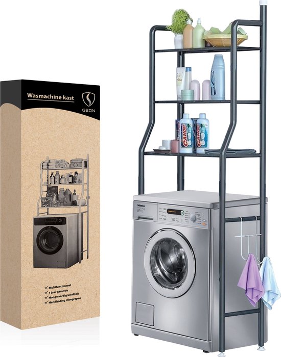 GEON - Wasmachine kast - Wasmachine ombouw - kast voor wasmachine - Badkamer rek - 3 schappen - zwart - 160x68x25cm