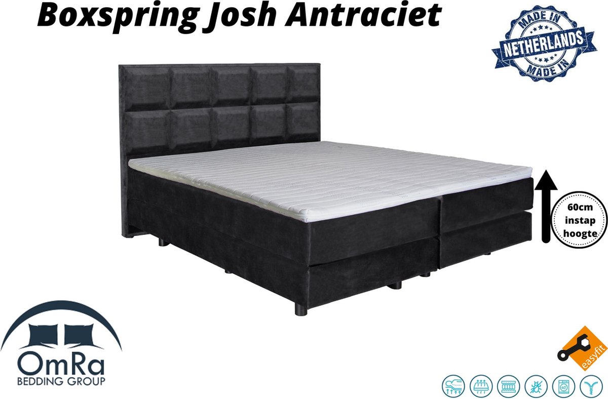 Omra Bedding- Complete boxspring - Josh Antraciet - 80x220 cm - Inclusief Topdekmatras - Hotel boxspring
