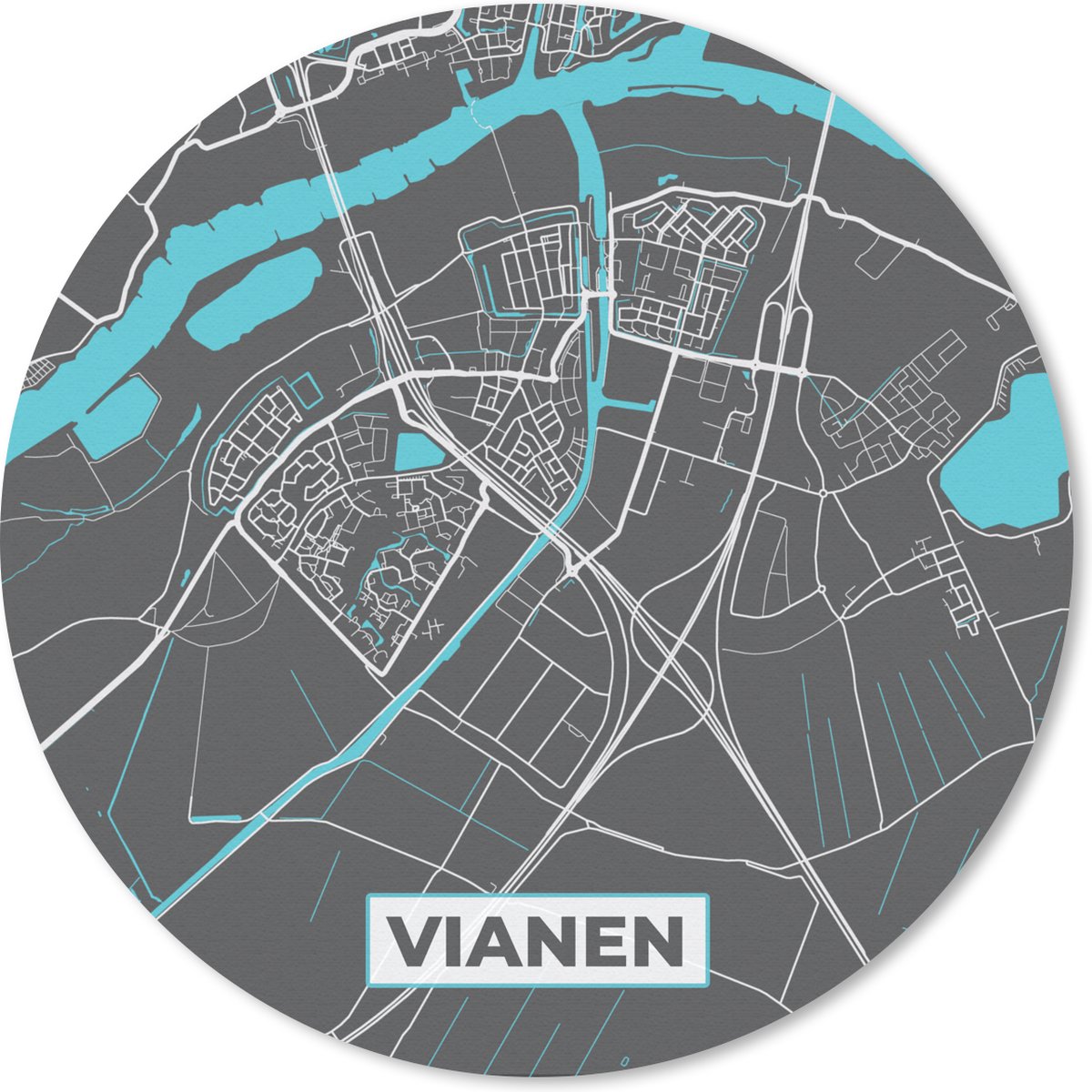 Muismat rond 50x50 cm - Mousepad Vianen - Plattegrond - Kaart - Stadskaart - Ronde muismatten - Stadskaart