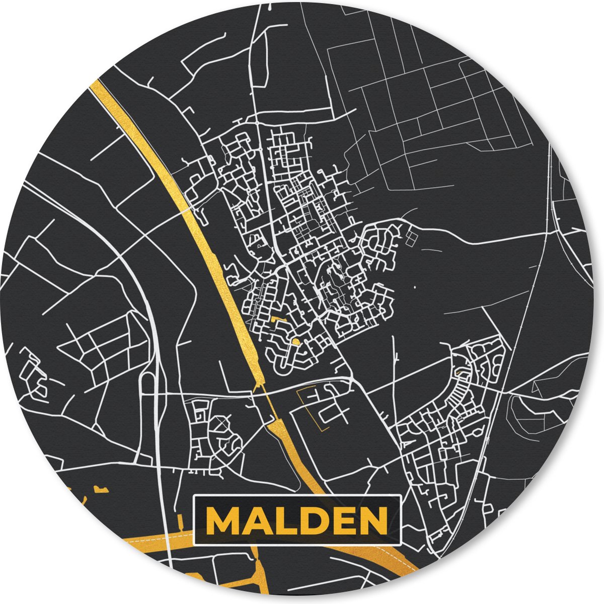 Muismat - Mousepad - Rond - Malden - Plattegrond - Stadskaart - Kaart - Nederland - Goud - 40x40 cm - Ronde muismat