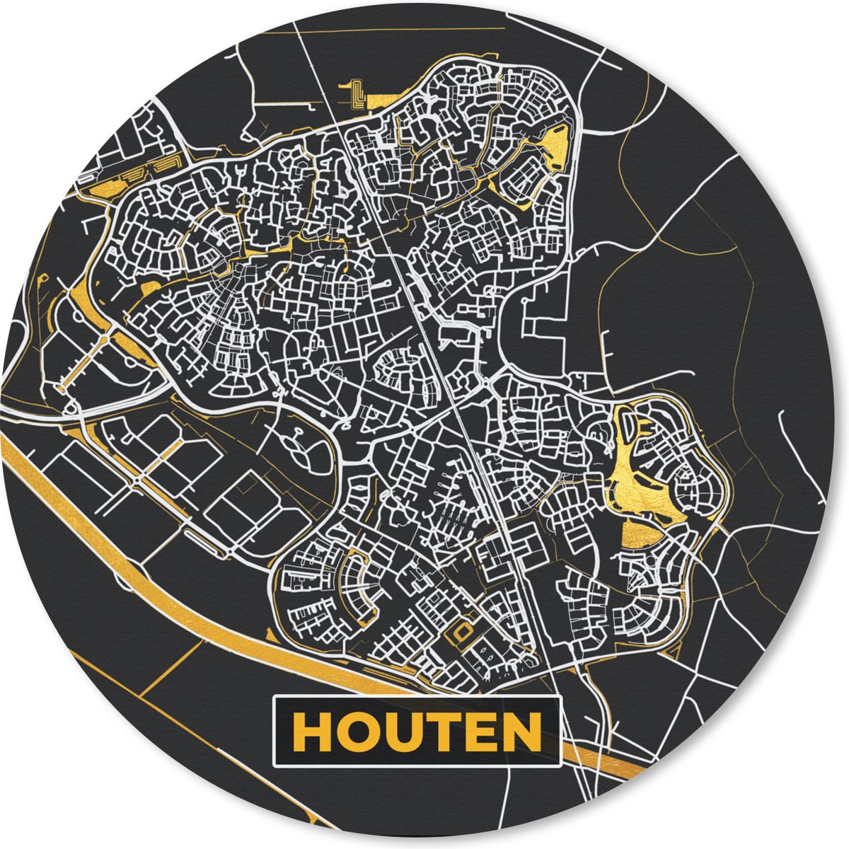 Muismat rond 40x40 cm - Mousepad Houten - Black and Gold - Stadskaart - Kaart - Plattegrond - Ronde muismatten - Stadskaart