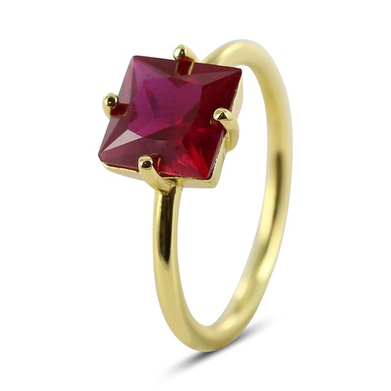 Silventi 9SIL-22550 Zilveren Ring - Dames - Zirkonia - Vierkant - 8 mm - Robijn Rood - Maat 54 - 1,76 mm - Zilver - Gold Plated (Verguld/Goud op Zilver)