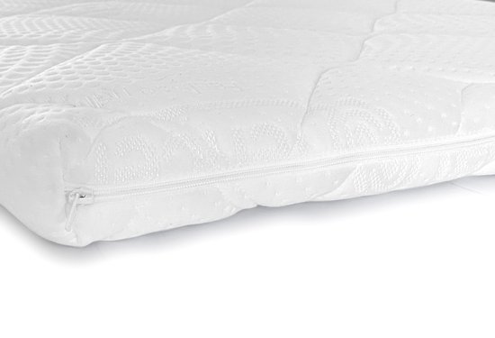 Detail van de zijkant van een wit oplegmatras met ritssluiting en gewatteerd patroon.