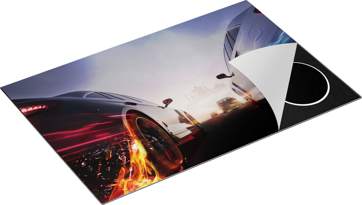 Chefcare Inductie Beschermer Twee Raceauto's - Blauw Tegen Rood - 80,2x52,2 cm - Afdekplaat Inductie - Kookplaat Beschermer - Inductie Mat