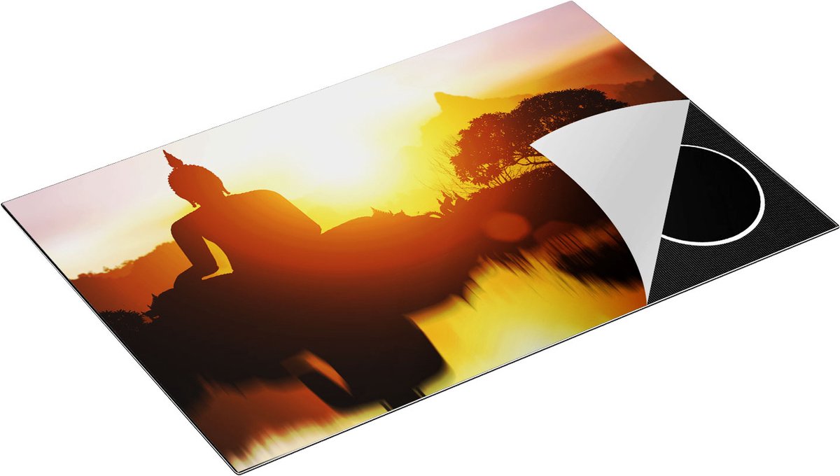 Chefcare Inductie Beschermer Silhouet van Boeddha Beeld met Zonsondergang - 80x52 cm - Afdekplaat Inductie - Kookplaat Beschermer - Inductie Mat