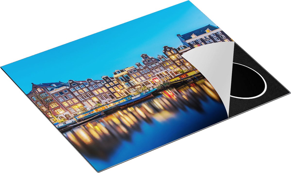 Chefcare Inductie Beschermer Amsterdamse Huisjes in de Avond met Lichten - 65x52 cm - Afdekplaat Inductie - Kookplaat Beschermer - Inductie Mat