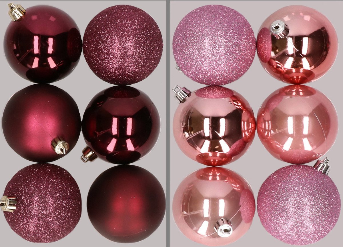 12x stuks kunststof kerstballen mix van aubergine en roze 8 cm - Kerstversiering