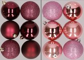 12x stuks kunststof kerstballen mix van aubergine en roze 8 cm - Kerstversiering